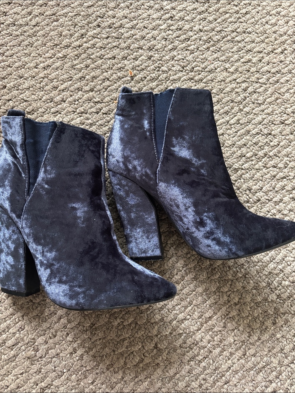Velvet Block Heel Ankle Boots - Blue